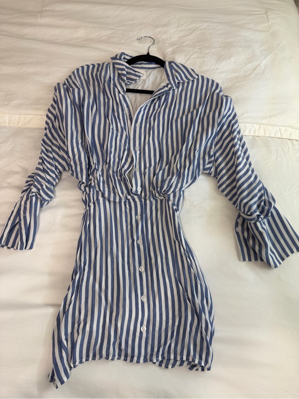 Line & Dot Blue and White Striped Mini Shirt Dress